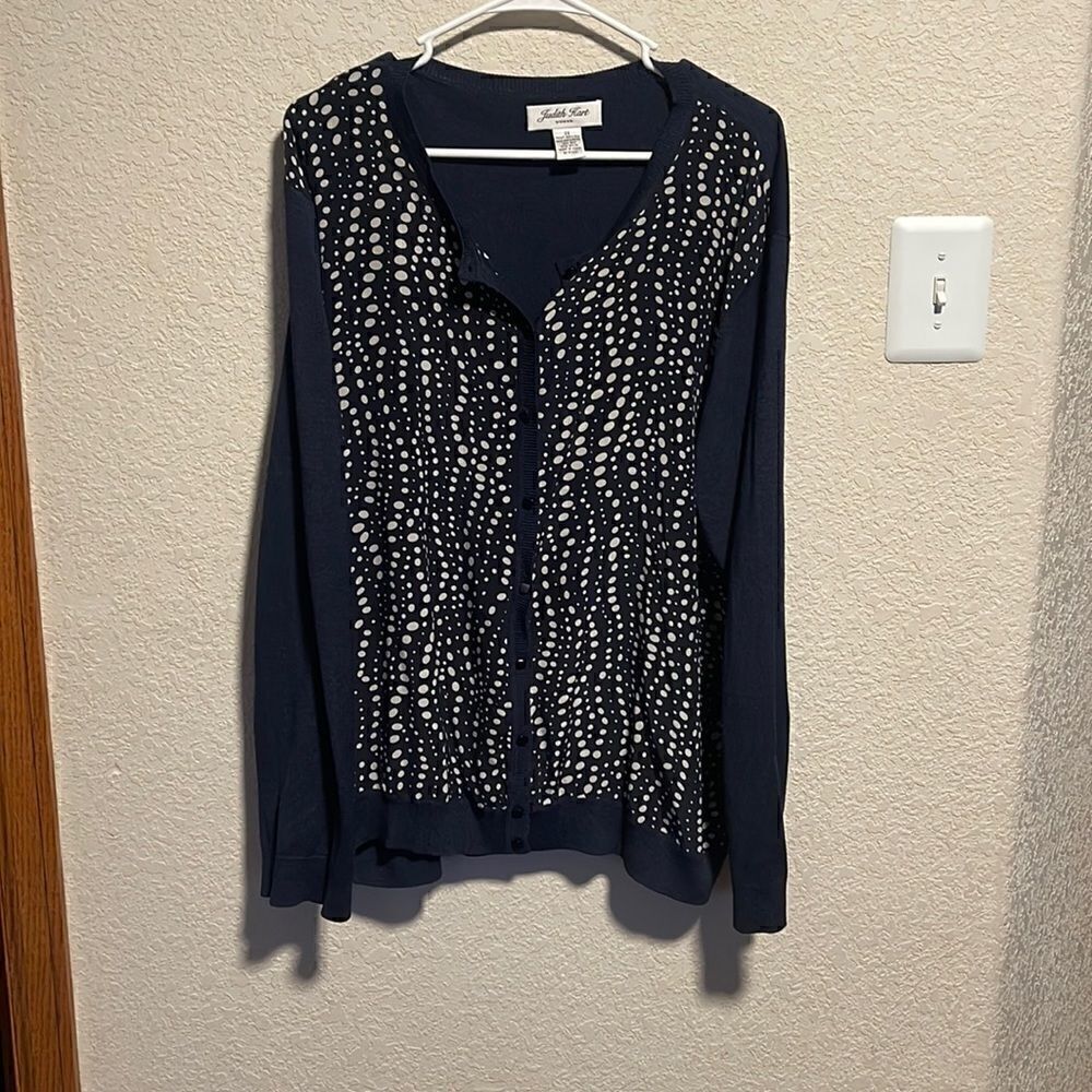Judith Hart- Plus Size Silk Front Blend Navy Blue Polka Dot Cardigan Sweater, 2X